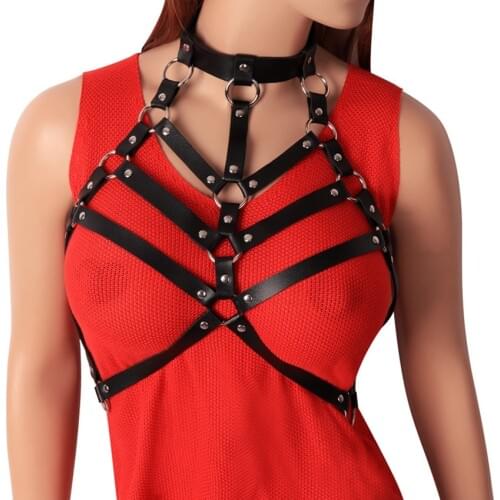 New PU Leather Black Harness Women Punk Goth Cupless Bra Tops Harness Belt Body Bondage Chest Metal chain Sexy Lingerie