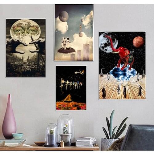 Psychedelic Art Collage Moon Surreal Poster Prints Oil Painting On Canvas Wall Art Murals Pictures For Living Room Decoration