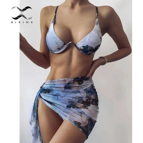 Sexy underwire push up swimsuit women 3-piece mesh skirt bikini 2021 Marbel print swimwear women Bathing suit Beach wear Biquini