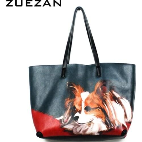 Large Sets Bag Painting Puppy Dog Shopper Casual Lady Saffiano Leather Shopping Bag Women Cow Leather Shoulder Bag Fashion A310