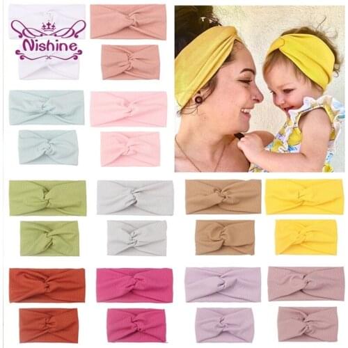 Nishine Mom and Baby Comfortable Soft Knotted Headband Solid Color Striped Crossed Elastic Hairband Infant Accessory Photo Props