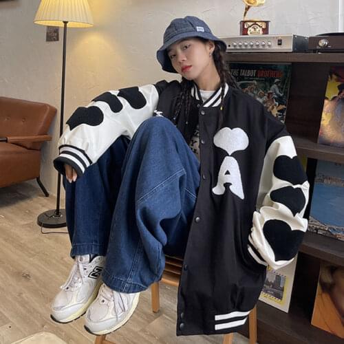 Harajuku Thicken Loose High Street Hip Hop Vintage Casual Loose Jacket Female Stitching Embroidery Black Baseball Jacket Korean