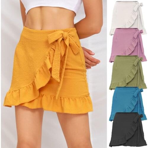 Seersucker Solid Color Lace-up Zipper Mini Skirt Women 2020 Ladies Summer Ruffled High Waist Skirt Womens Clothing