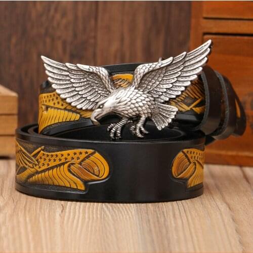 High Quality Cow Leather Me Belt Fly Eagle Pattern Belt Fashion Smooth Buckle Belt for Men Casual Belt Larger size 110-130cm