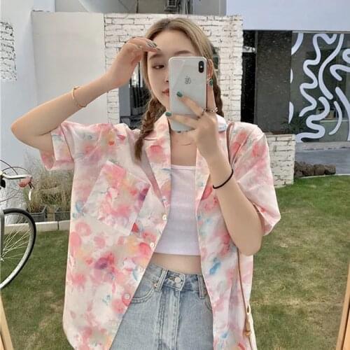 2021 Summer Sweet Style Short Sleeve Womens Blouse Shirt Oversize Floral Pirnt Ladies Tops Loose Button Up Female Clothing