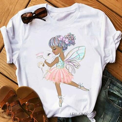 Pink Ballet Dancer With Rabbit Print Tshirt Women Kawaii Angel T Shirt Femme Flower White Female T-Shirt Harajuku Shirt Tops