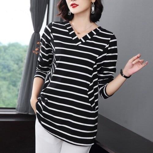 2021 Autumn Spring New V Neck Polyester Woman Long Sleeve t shirt Fashion Korean Style Striped Oversized t-shirt