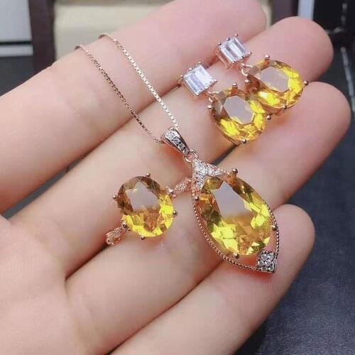 High-quality yellow crystal S925 Ring Earring Pendant Necklace Set classic luxury for Party