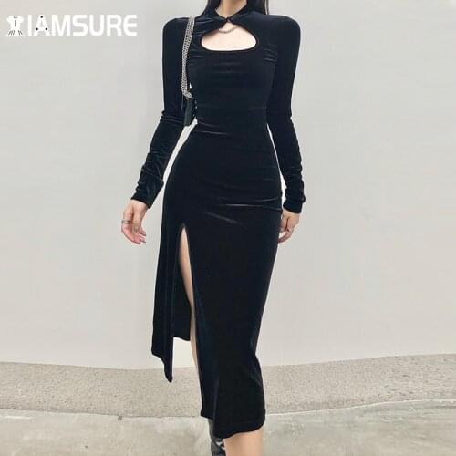 IAMSURE Chinese Style Split Velvet Dress Vintage Sexy Slim Hollow Out Mandarin Collar Long Sleeve Midi Dresses For Women 2021