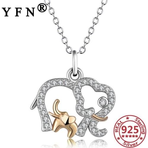 YFN 925 Sterling Silver Mom&Baby Elephants Pendant Necklace Cubic Zircon Silver 925 Jewelry Silver Chain Women Mothers Day Gift