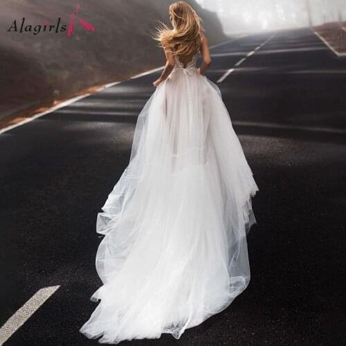 Fairy spaghetti straps mesh wedding dress Women sexy v-neck backless robes 2020 Beach sweep train tulle dress for bride