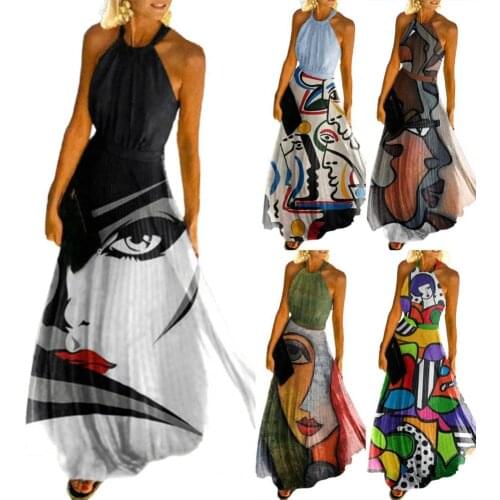 2021 New Ladies Sexy Dress Halter High Waist Abstract Painting Off Shoulder Dress for Beach платье