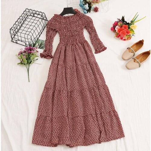Elegant Women Autumn Slash Neck Flare Sleeve Pleated Floral Ruffles Dress Vintage A-line Elastic Waist Slim Pullover Midi Dress
