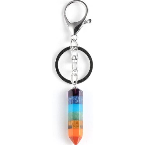 7 Chakras Quartz Hexagonal Cone Key Chain Natural Stone Bullet Pendant Dangling Keyring Healing Reiki Yoga Jewelry