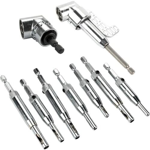 7PCS 1/4" Hex Shank Self Centering Hinge Drill Bits 1PC 105 Degree Right Angle Drill 1PC Angle Extension Socket Holder Adapter