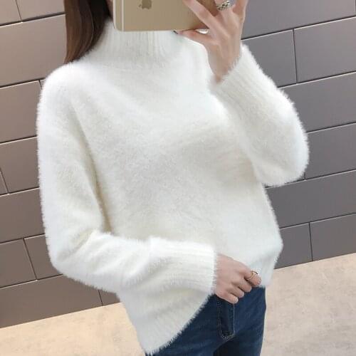 White Mohair Thicken Turtleneck Sweater Autumn Winter Sweet Fashion Lantern Sleeve Casual Solid Color Pullover pull femme