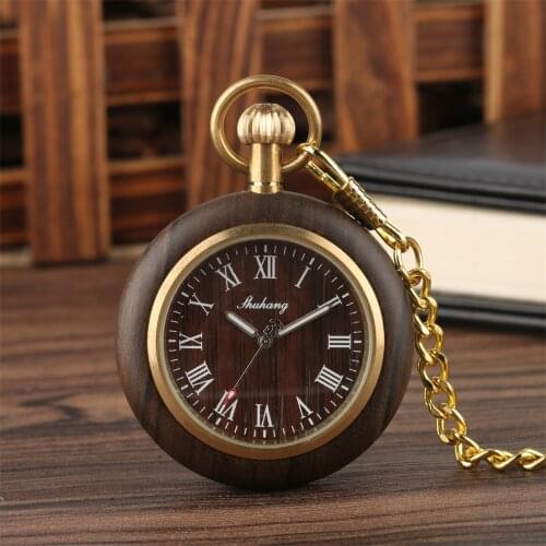 Roman Numerals Wooden Quartz Pocket Watch Gold Fob Chain Pendant Clock Male Open Face Vintage Wooden Pocket Timepiece