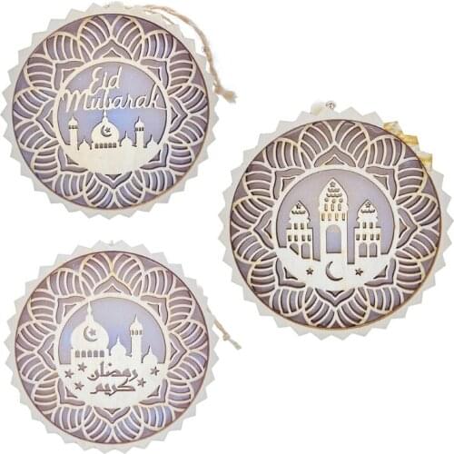 Eid Mubarak Wooden Pendant with LED Light Ramadan Decorations for Home Islamic
