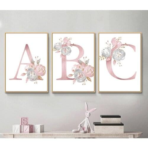 English Letters Pink Flower Childrens Cartoon Bedroom Canvas Painting Baby Room Decor Wall Painting