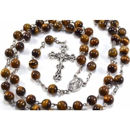 Tigers Eye Catholic Rosary for Baptism or First Communion, Boys Rosary Necklace