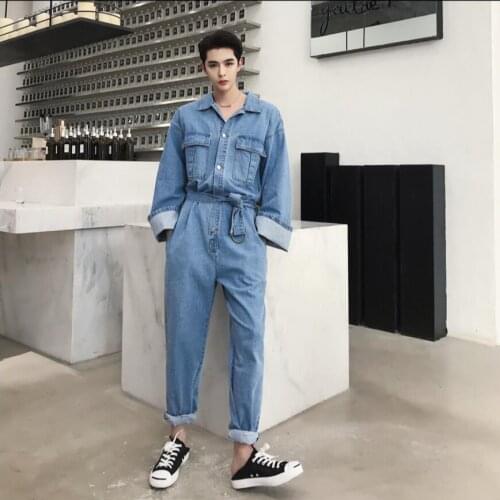 New Couple Cowboy Loose Denim Jumpsuit Mens Tooling Conjoined Jumpsuit Trend Hairstylist Personality Overalls Singer Costumes