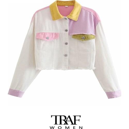 TRAF Za Women Fashion With Pockets Patchwork Crop Denim Jacket Coat Vintage Long Sleeve Frayed Female Outerwear Chic Tops