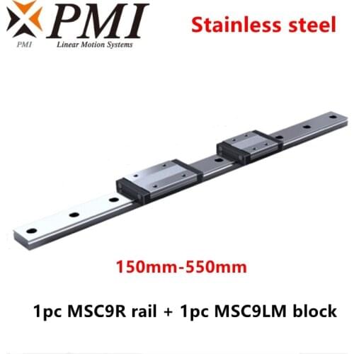 1pc PMI stainless steel linear guide MSC9 200 250 300 350 400 450 500 550 mm MSC9R rail + 1pc MSC9LM LLFC block carriage CNC