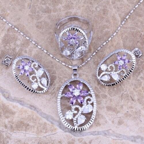 Romantic Purple Cubic Zirconia White CZ Silver Plated Jewelry Sets Earrings Pendant Ring Size 6 / 7 / 8 / 9 / 10 S0171