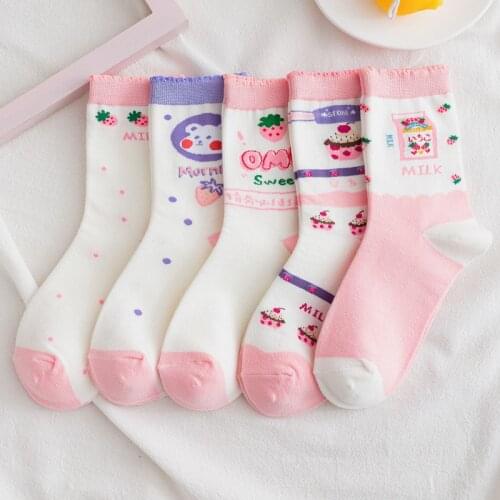 5 Pairs Winter New Cute Sweet Cotton Women Socks Cartoon Bears Rabbits Printed Striped Girl Socks Fashion Creative Long Socks