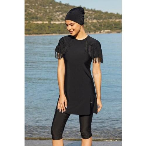 Semi-Enclosed Hijab Swimwear Short Sleeve Tassels 3102 Black Turkish' Muslim Swimsuit Burkinis Modest Clothing Islamic Long Sleeves