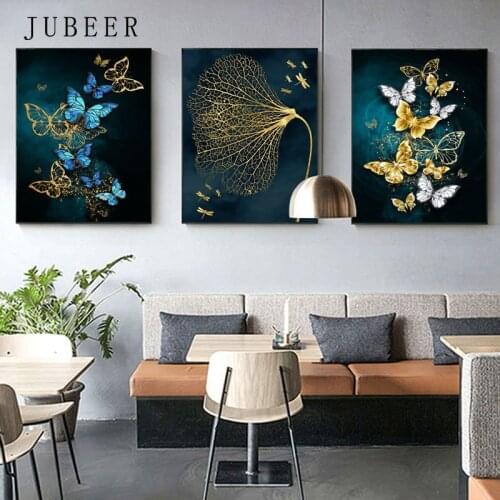Nordic Golden Blue Abstract Flower Wall Art Butterfly Canvas Painting Golden Poster Print Wall Picture for Living Room Home