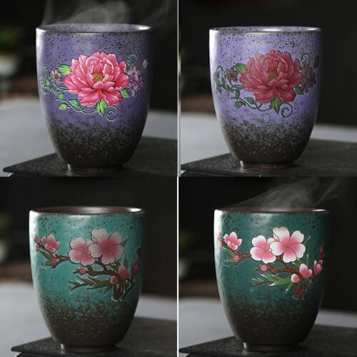 Antique coarse pottery kiln tea cup 250ml large master cup single color changing peony ceramic tea set water cup