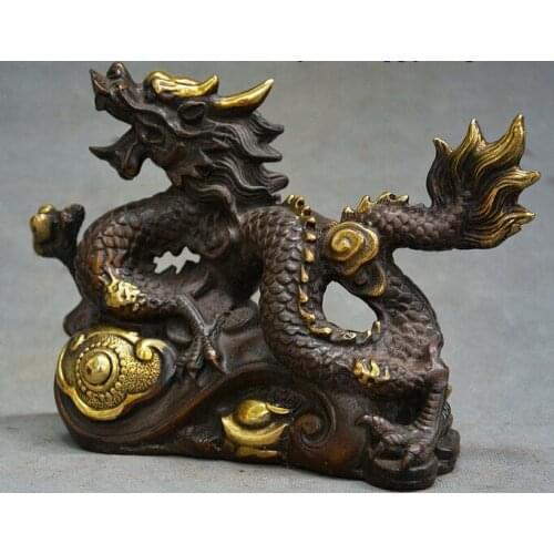 Old Chinese Dyansty Palace Bronze Gilt Dragon Loong Beast Fengshui Wealth Statue