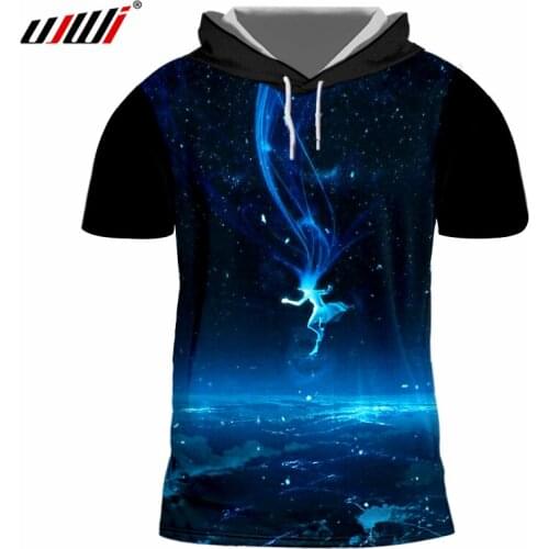 UJWI Dropshipping Tshirts Mens Print Dance In Space Hooded T-shirts Hombre Hip Hop Punk Style Outwears Short Sleeve Hoodies