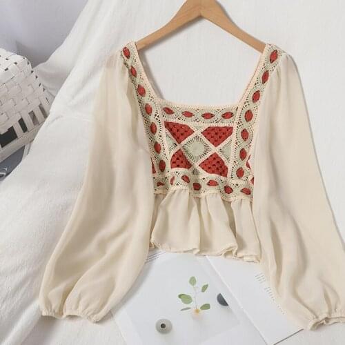 Women Korean Blouse Clavicle Square Neck Shirt Female Blusa Stitching Hook Flower Lace Retro Hollow Top GX1175