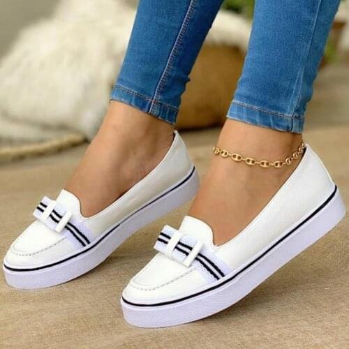 Womens Solid Color PU Ribbon Decoration Round Toe Flat Heel Platform Comfortable Fashion Casual All-match Loafers 6K066