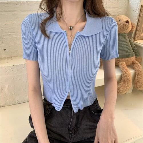 Double Head Slim Thin Short Tee Shirt Femme Clothing Knitting Zipper Cardigan t Shirt Women Turn-Down Collar Solid t-Shirt Woman