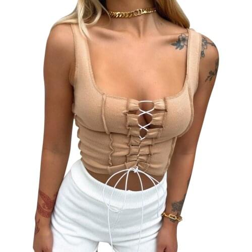 Women’s Fashion Solid Color Vest Sexy Square Collar Bandage Hollow Exposed Navel Sleeveless Tops Casual tie top
