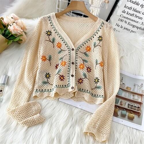 2021 Spring Bohemian Boho Clothing Embroidery Hollow Out Crochet Knitted Cardigan Women Long Sleeve Sweater Coat Beach Crop Top