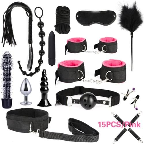 15pcs Pack BDSM Bondage Leather Restraints Adult Sex Toys Fetish Role Play Bed Game Tool for Couple