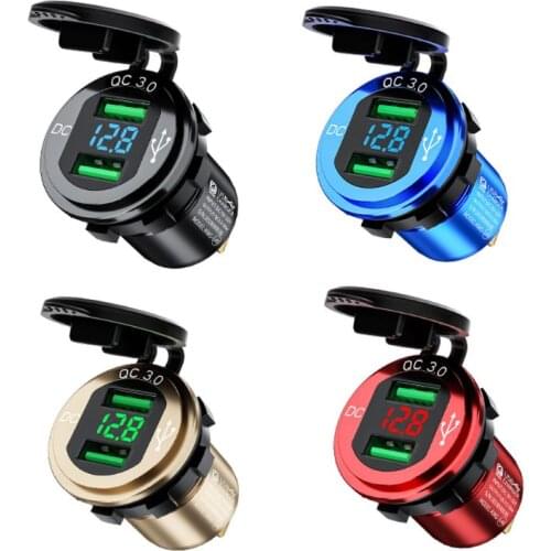 12V/24V 18W Aluminum Waterproof Dual QC3.0 USB Fast Charger Socket Power Outlet with LED Digital Voltmeter for Car Marine Boat