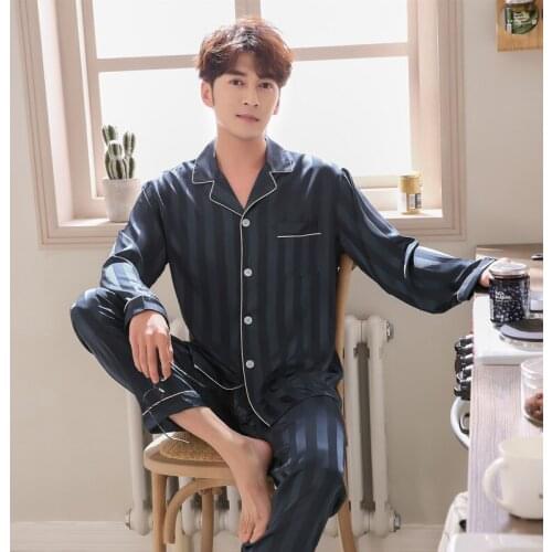 Satin Pyjamas men Pajamas Sets with Pants Print Long Sleeve Silk Sleepwear Pijama Mujer male Nightsuit