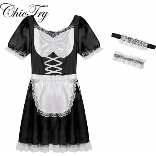 Adults Mens Male Sexy French Maid Uniform Fancy Dress Costume Outfit Satin Fancy Costumes Dress with Choker and Headband