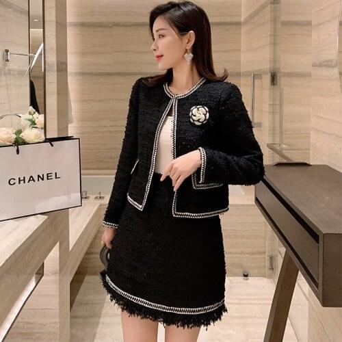 BLLOCUE Autumn Winter Women Runway Tweed 2 Piece Outfits Elegant Woolen Jacket Coat+High Waist A-Line Skirt Suits Mujer