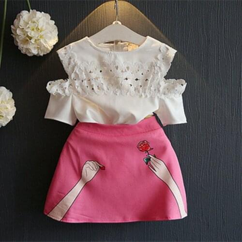 DFXD Summer Little Girls Outfits White Short Sleeve Embroidery Hollow Out Top+Pink Flower Print Skirt Girls Clothing Sets 2-8Y