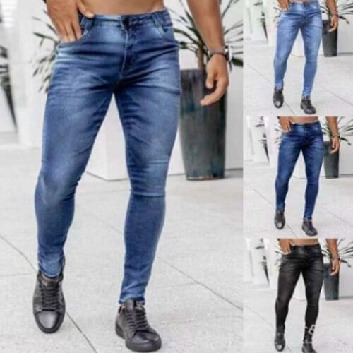 Mens Pants High Waist Zipper Stretch Jeans Casual Slim Trousers Male Plus Size Pencil Pants Denim Skinny Jeans for Men