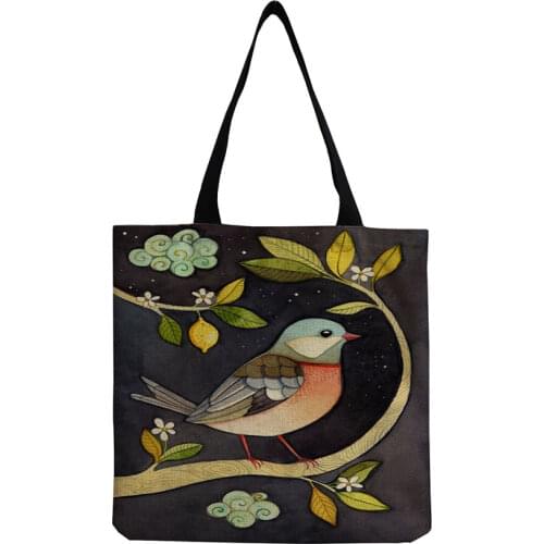 Eco Friendly Cartoon Printed Shopping Bag Bird on Branch Chinese Style Ladies Handbag Shoulder Practical Custom Pattern Art Tote