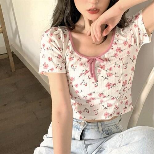 Summer French retro floral O-neck short-sleeved T-shirt Slim slimming wild high waist T-shirt womens top
