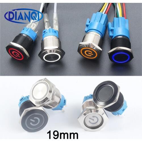 DIANQI 19mm Waterproof Metal Push Button Switch With LED light RED BLUE GREEN YELLOW Self-locking and Momentary