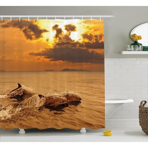 Sea Animals Decor Shower Curtain Dolphins at Sunset with Water Splashes Aquatic Playful Animal at Dusk Print Bathroom Decor